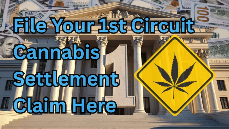 File Your 1st Circuit Cannabis Settlement Claim Here text on depiction of First Circuit court with psychological warning and a high-value cash backdrop.