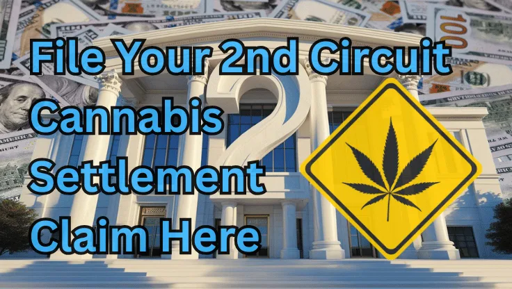 File Your 2nd Circuit Cannabis Settlement Claim Here text on depiction of Second Circuit court with psychological warning and a high-value cash backdrop.