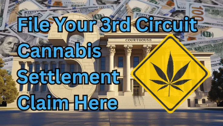 File Your 3rd Circuit Cannabis Settlement Claim Here text on depiction of Third Circuit court with psychological warning and a high-value cash backdrop.