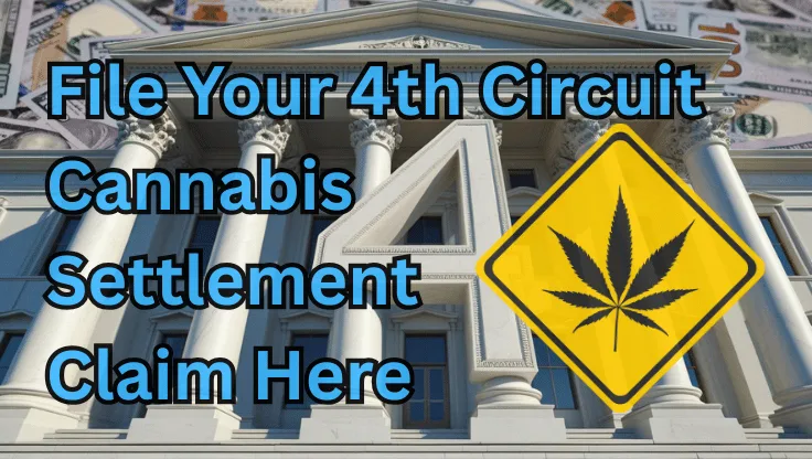 File Your 4th Circuit Cannabis Settlement Claim Here text on depiction of Fourth Circuit court with psychological warning and a high-value cash backdrop.