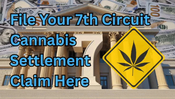 File Your 7th Circuit Cannabis Settlement Claim Here text on depiction of Seventh Circuit court with psychological warning and a high-value cash backdrop.