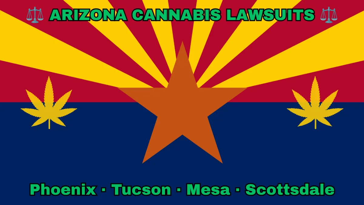 ARIZONA CANNABIS LAWSUITS: Phoenix, Tucson, Mesa, and Scottsdale text on AZ state flag adorned with marijuana leaves depicted near red and yellow rays with a copper star above a blue field