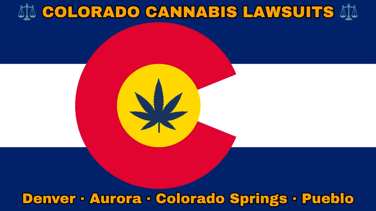 COLORADO CANNABIS LAWSUITS: Denver, Aurora, Colorado Springs, and Pueblo text on CO state flag adorned with a marijuana leaf depicted near an old red "C" with a golden circle on blue and white stripes