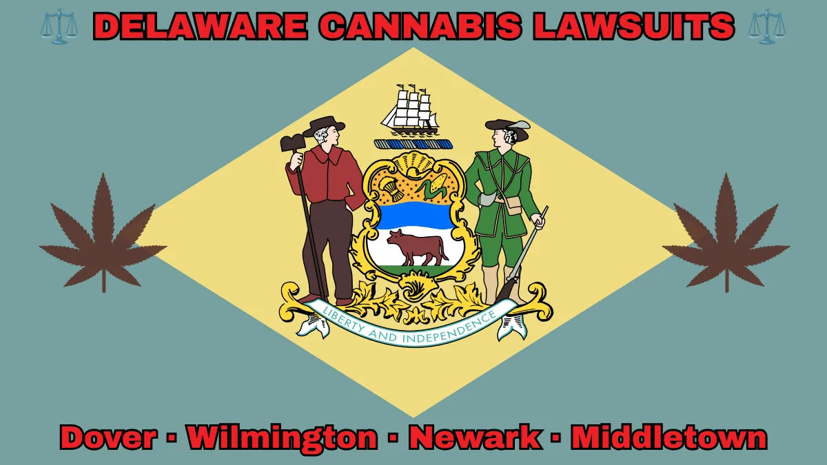 DELAWARE CANNABIS LAWSUITS: Dover, Wilmington, Newark, and Middletown text on DE state flag adorned with marijuana leaves depicted near a coat of arms and 1787 date