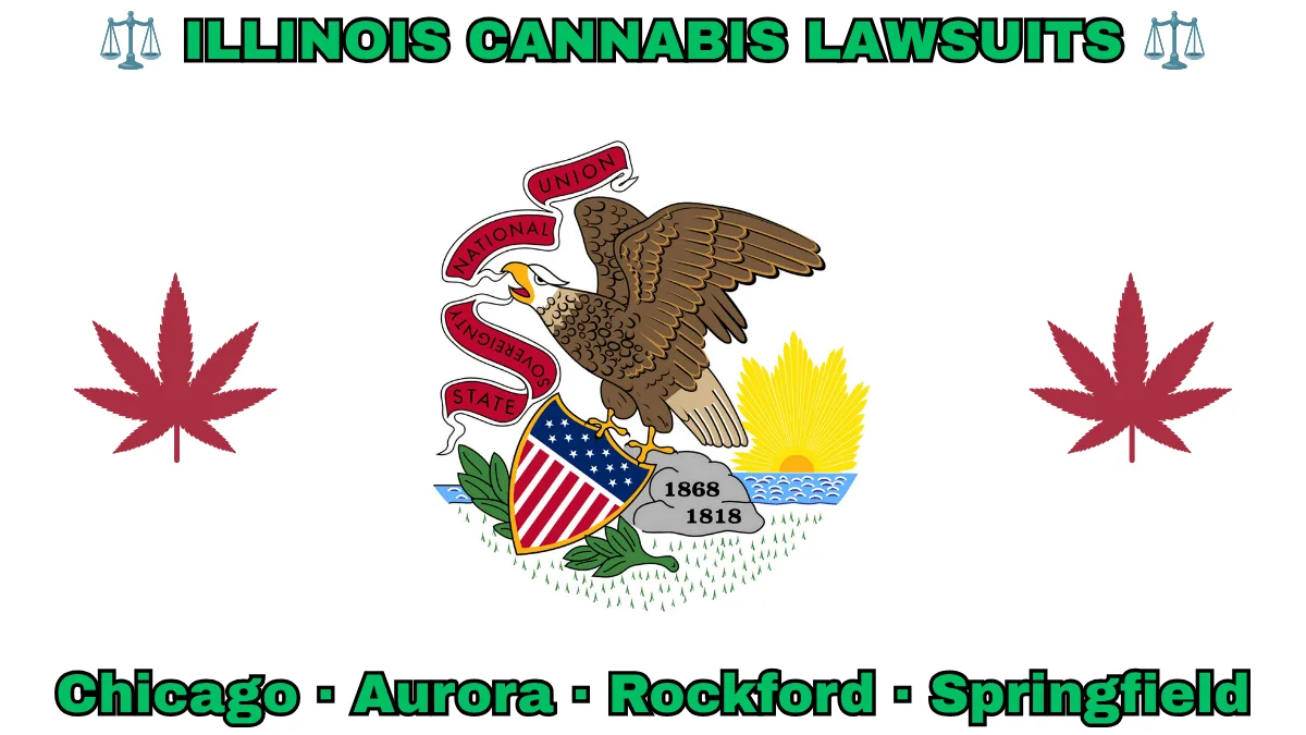 ILLINOIS CANNABIS LAWSUITS: Chicago, Aurora, Rockford, and Springfield text on IL state flag adorned with marijuana leaves depicted near a bald eagle perched on a rock and holding a shield, as the sun shines bright.