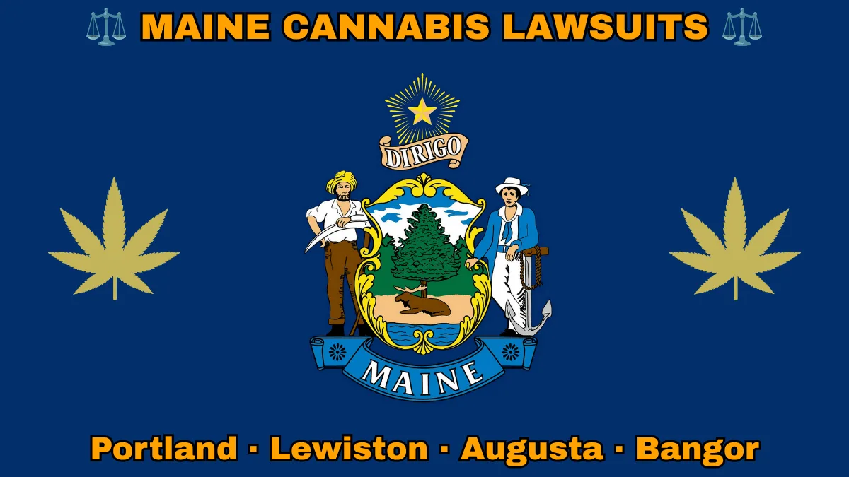 MAINE CANNABIS LAWSUITS: Portland, Lewiston, Augusta, and Bangor text on ME state flag adorned with marijuana leaves depicted on a blue field near a shield, pine tree, moose, and “DIRIGO” motto