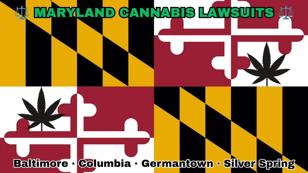 MARYLAND CANNABIS LAWSUITS: Baltimore, Columbia, Germantown, and Silver Spring text on MD state flag adorned with marijuana leaves depicted near red and white crosses, and black and gold checkered Calvert arms.
