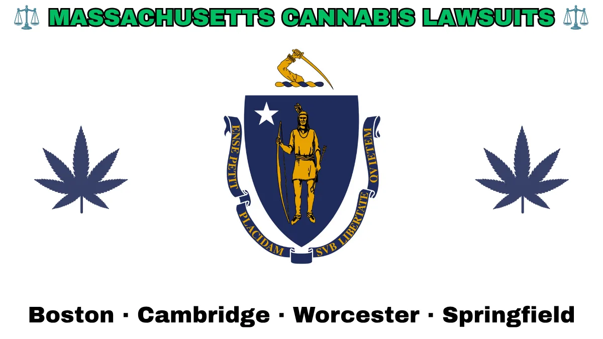 MASSACHUSETTS CANNABIS LAWSUITS: Boston, Cambridge, Worcester, and Springfield text on MA state flag adorned with marijuana leaves depicted near a shield featuring a Native American person with bow and arrow under a star and sword.