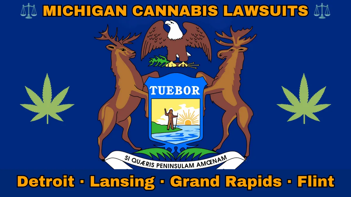 MICHIGAN CANNABIS LAWSUITS: Detroit, Lansing, Grand Rapids, and Flint text on MI state flag adorned with marijuana leaves depicted near an elk, moose and bald eagle flanking a shield featuring a man standing on a sunny lake with a raised hand and rifle.