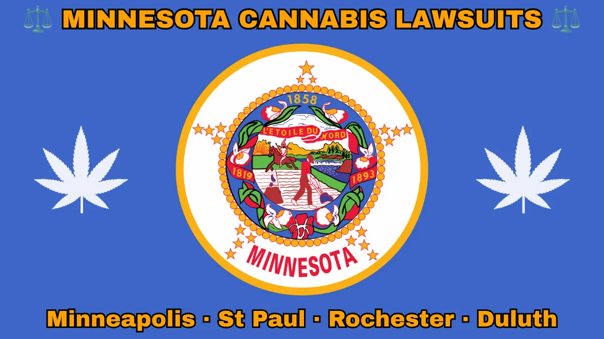 MINNESOTA CANNABIS LAWSUITS: Minneapolis, St Paul, Rochester, and Duluth text on MN state flag adorned with marijuana leaves depicted on blue background near the official seal featuring a wreath of pink-and-white lady’s slippers