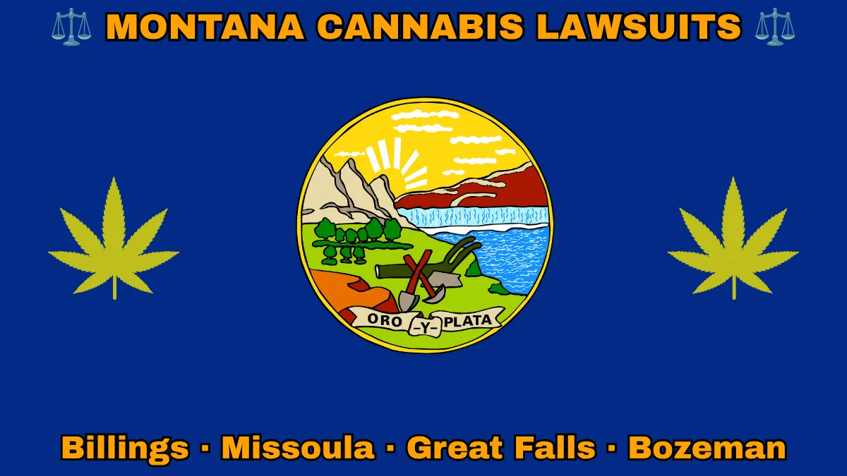 MONTANA CANNABIS LAWSUITS: Billings, Missoula, Great Falls, and Bozeman text on MT state flag adorned with marijuana leaves depicted on a blue field near official seal featuring a plow and mountains