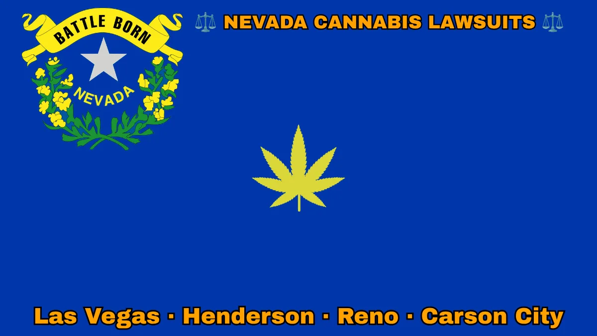 NEVADA CANNABIS LAWSUITS: Las Vegas, Henderson, Reno, and Carson City text on NV state flag adorned with a marijuana leaf depicted on a blue field near a silver star and “BATTLE BORN” motto