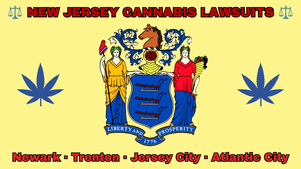 NEW JERSEY CANNABIS LAWSUITS: Newark, Trenton, Jersey City, and Atlantic City text on NJ state flag adorned with marijuana leaves depicted near a shield with three plows, the goddesses Liberty and Ceres, and a horse head.