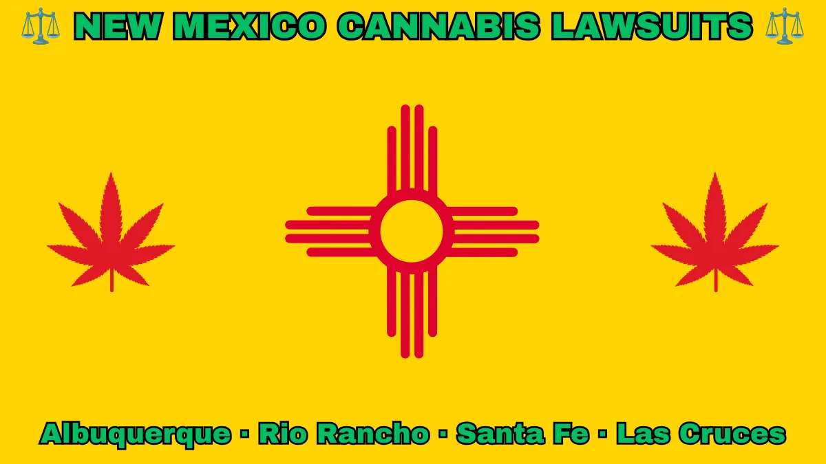 NEW MEXICO CANNABIS LAWSUITS: Albuquerque, Rio Rancho, Santa Fe, and Las Cruces text on NM state flag adorned with marijuana leaves depicted on a yellow background near a red Zia sun symbol