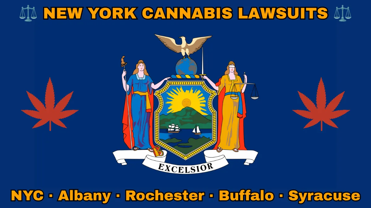 NEW YORK CANNABIS LAWSUITS: NYC, Albany, Rochester, Buffalo, and Syracuse text on NY state flag adorned with marijuana leaves depicted near Liberty and Justice holding a sword and scales, an eagle atop a globe, and a shield featuring the sun shining over the mountains onto Hudson River boaters.