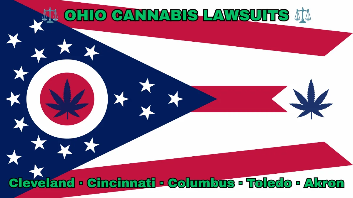 OHIO CANNABIS LAWSUITS: Cleveland, Cincinnati, Columbus, Toledo, and Akron text on OH state flag adorned with marijuana leaves depicted near a triangular swallowtail with red, white, and blue stripes and stars.