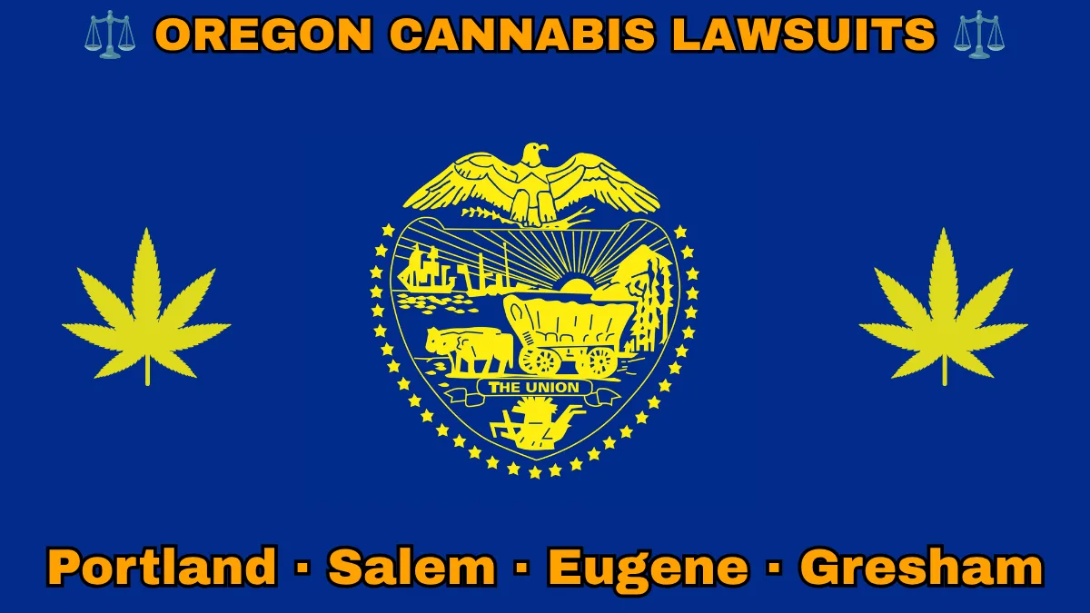 OREGON CANNABIS LAWSUITS: Portland, Salem, Eugene, and Gresham text on OR state flag adorned with marijuana leaves depicted on a blue field near a gold seal featuring a covered wagon, an eagle, mountains, and a setting sun, with the year 1859 below.