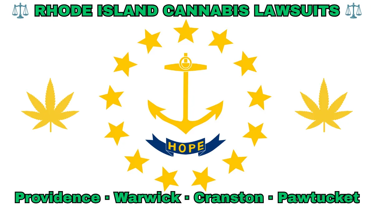 RHODE ISLAND CANNABIS LAWSUITS: Providence, Warwick, Cranston, and Pawtucket text on RI state flag adorned with marijuana leaves depicted on a white background near an anchor, gold stars, and “HOPE” motto