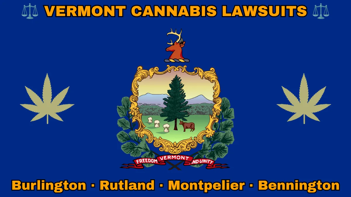 VERMONT CANNABIS LAWSUITS: Burlington, Rutland, Montpelier, and Bennington text on VT state flag adorned with marijuana leaves depicted on a blue field near the official coat of arms featuring a pine tree and cow