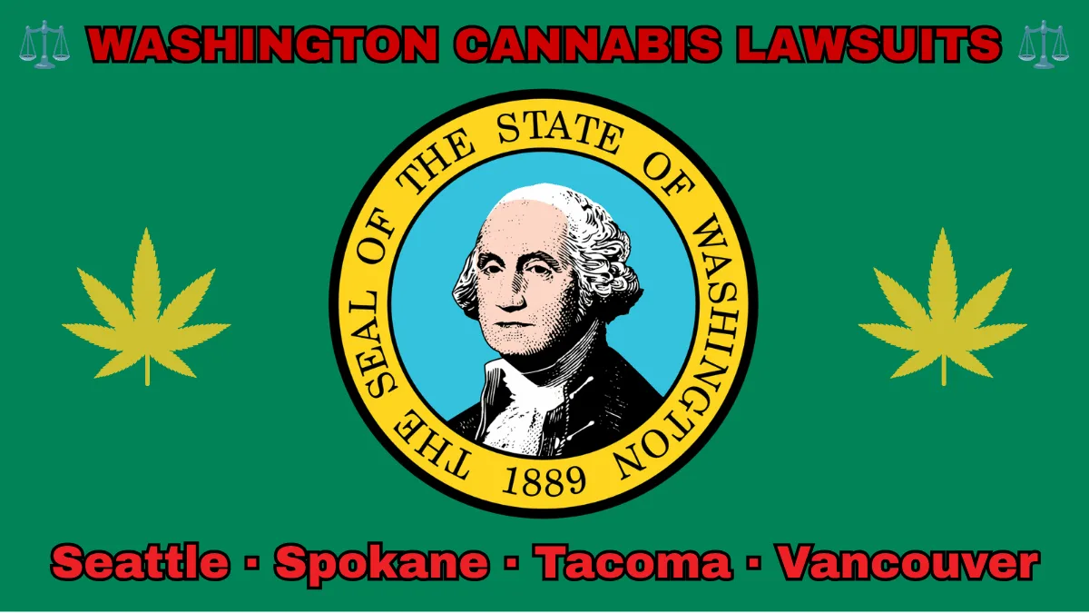 WASHINGTON CANNABIS LAWSUITS: Seattle, Spokane, Tacoma, and Vancouver text on WA state flag adorned with marijuana leaves depicted on a green background near the official SEAL featuring George Washington.